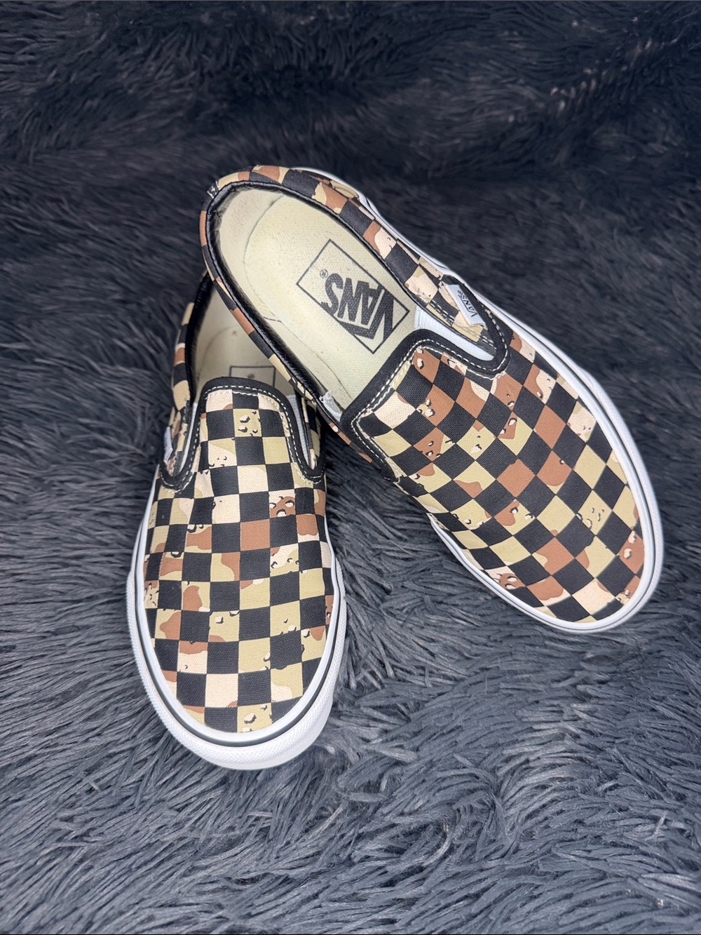 Vans Kids Slip-On Checkerboard Sneakers - Black/Tan/Cream